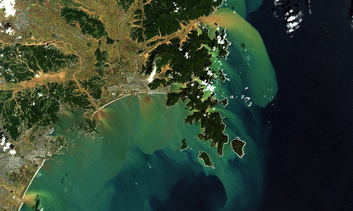 Floodwaters inundate a Japanese city street following Typhoon Hagibis, illustrating the type of flooding brought by Typhoon Dujuan in September 2026