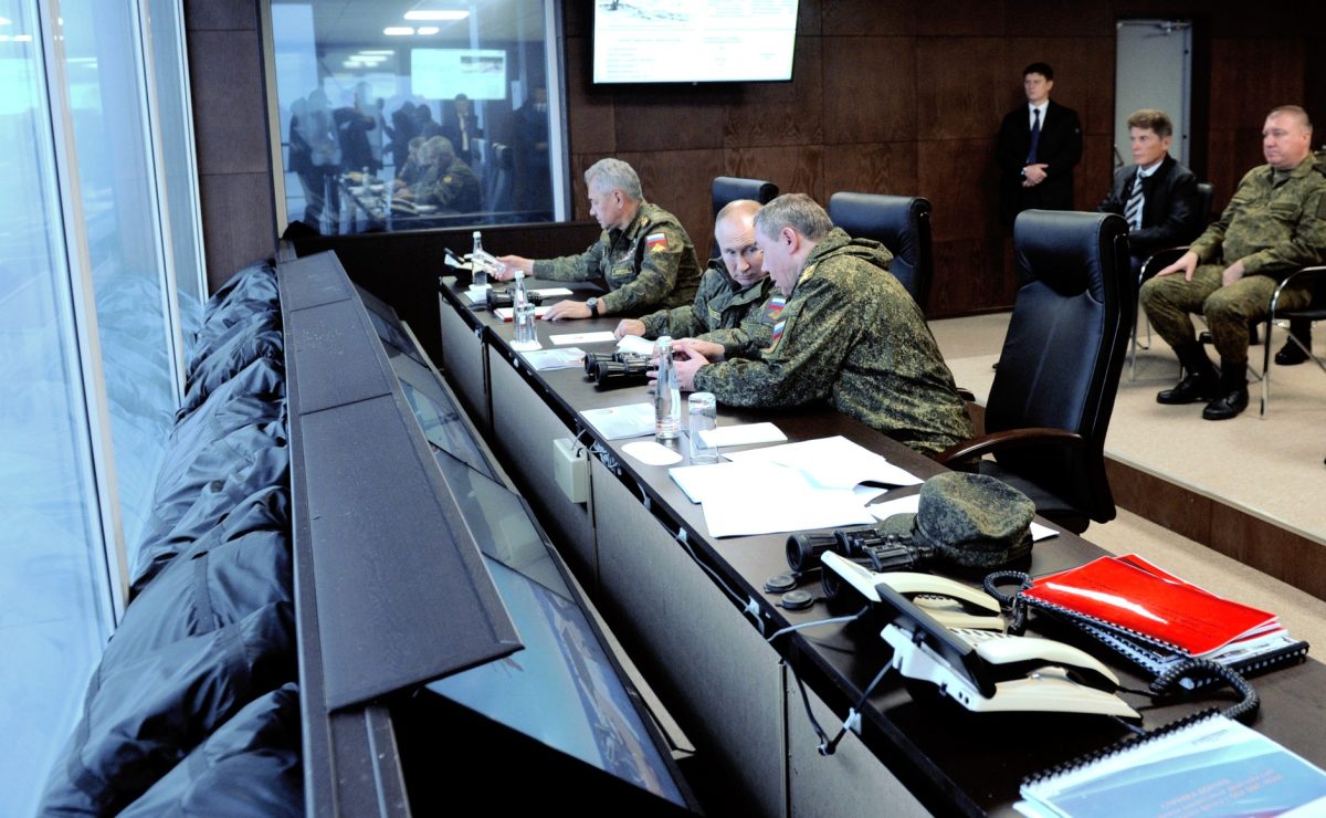 Russian military exercise with troops and armored vehicles