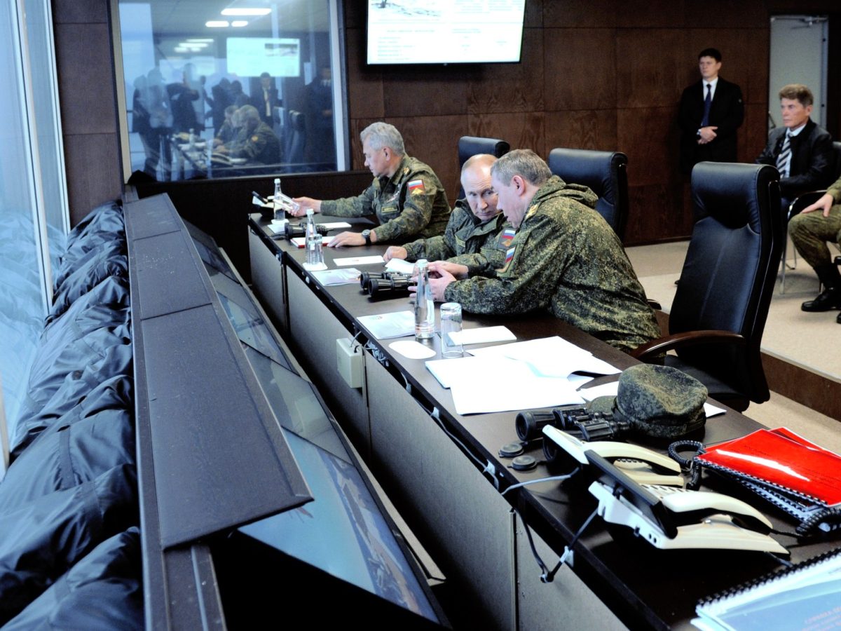 Russian military exercise with troops and armored vehicles