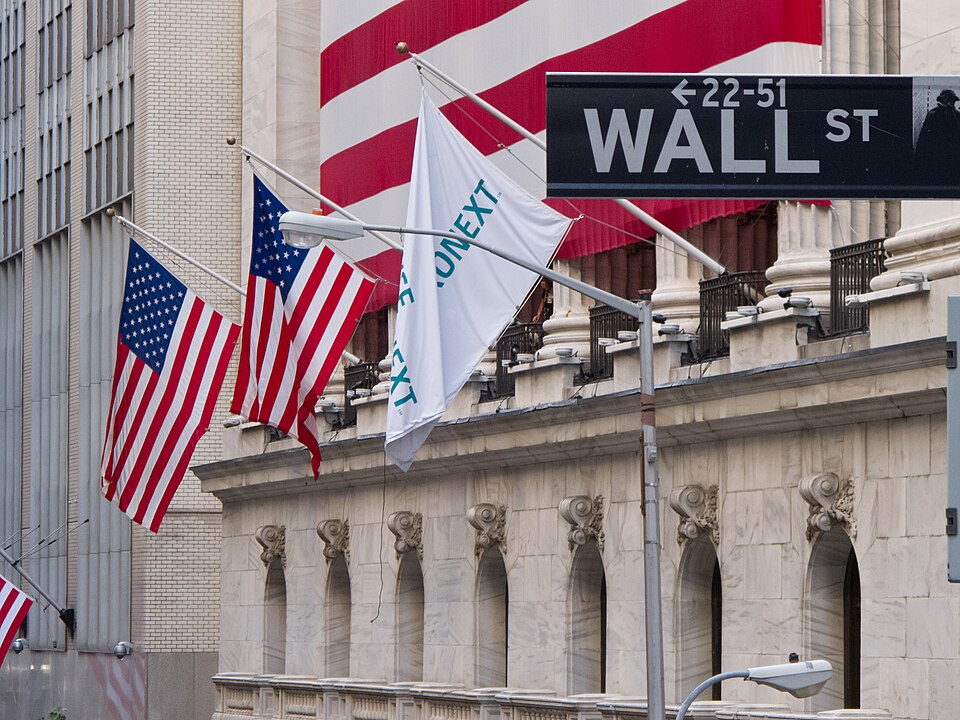 Wall Street and the New York Stock Exchange building in lower Manhattan
